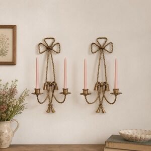 Vtg Pair Brass Bow Tassels Wall Sconces Double Arm Candle Holder 14" Regancy